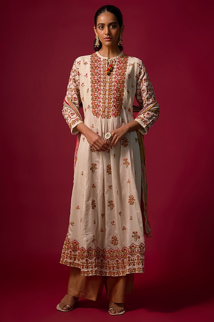 Ivory Linen Silk Embroidered Kurta Set by SHRADDHA RAMBHIA at Pernia's Pop Up Shop