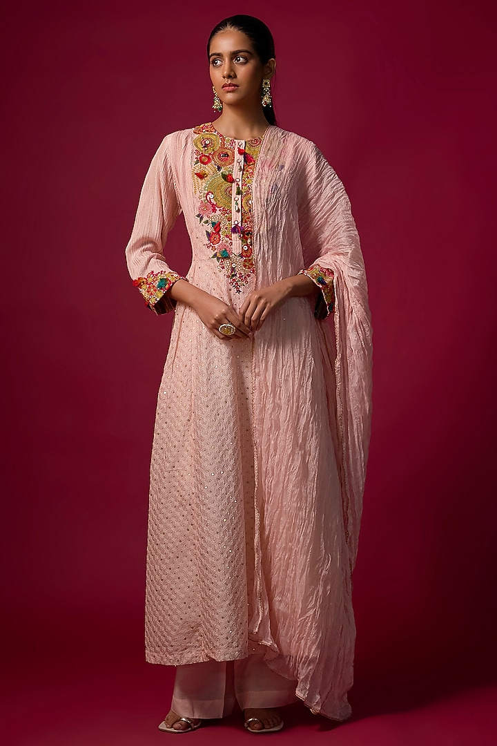 Pink Slub Silk Embroidered Kurta Set by SHRADDHA RAMBHIA at Pernia's Pop Up Shop