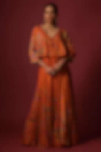 Orange Vegan Gajji Silk Printed Flared Skirt Set by SHRADDHA RAMBHIA at Pernia's Pop Up Shop