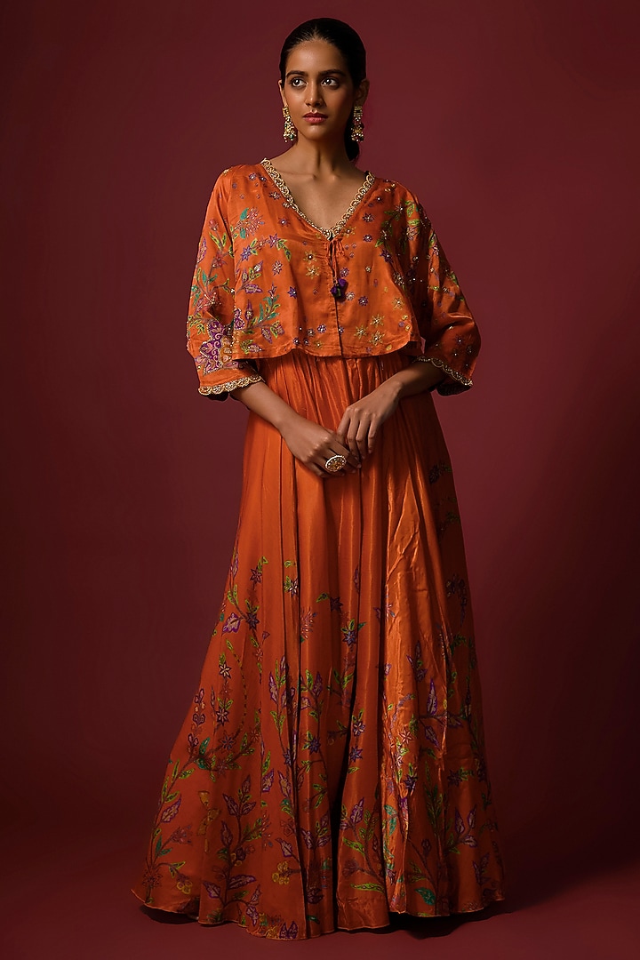 Orange Vegan Gajji Silk Printed Flared Skirt Set by SHRADDHA RAMBHIA at Pernia's Pop Up Shop