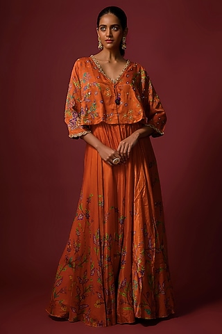 Orange Vegan Gajji Silk Printed Flared Skirt Set by SHRADDHA RAMBHIA