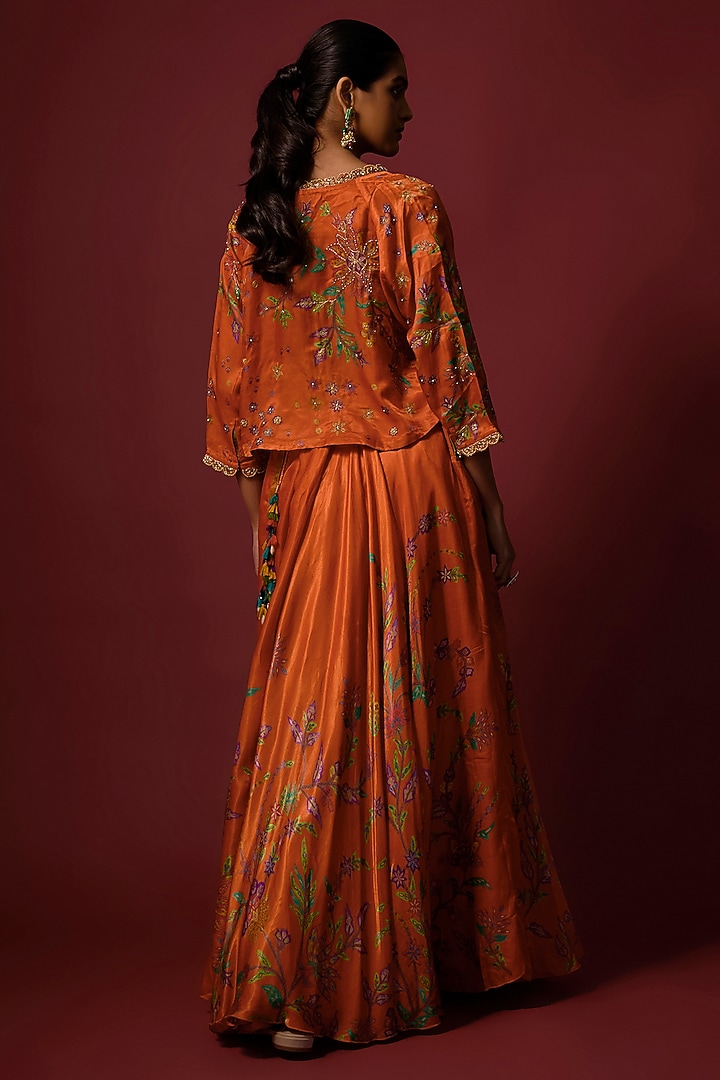Orange Vegan Gajji Silk Printed Flared Skirt Set by SHRADDHA RAMBHIA at Pernia's Pop Up Shop