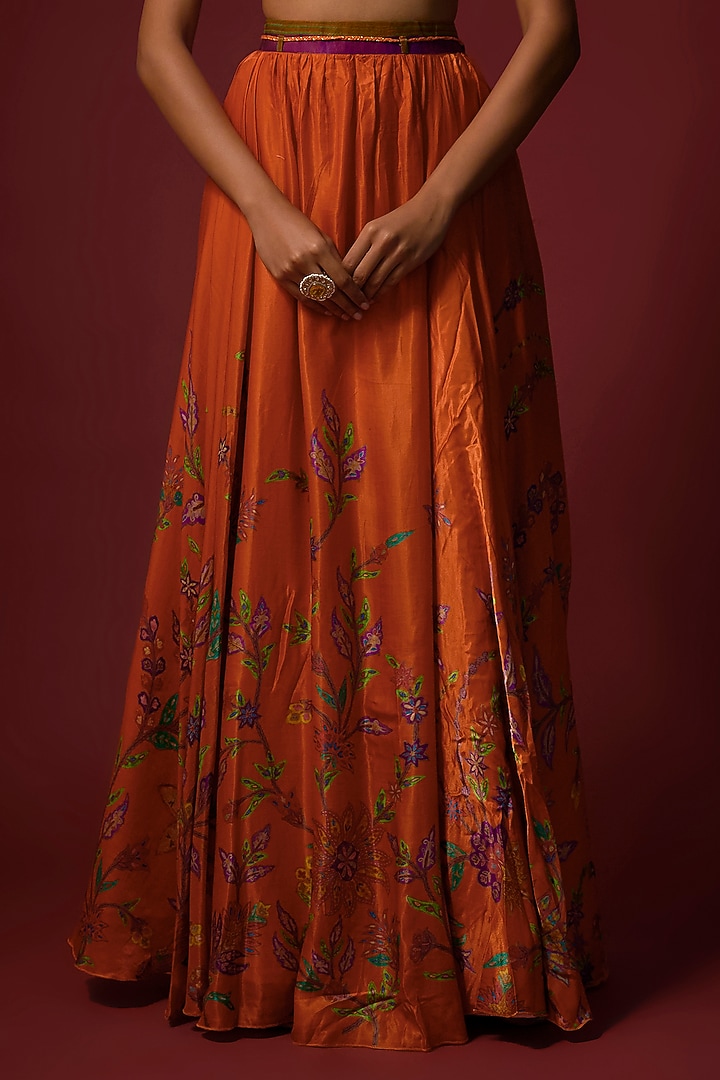 Orange Vegan Gajji Silk Printed Flared Skirt Set by SHRADDHA RAMBHIA at Pernia's Pop Up Shop