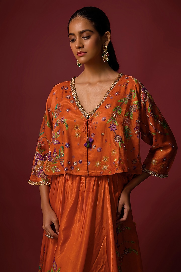 Orange Vegan Gajji Silk Printed Flared Skirt Set by SHRADDHA RAMBHIA at Pernia's Pop Up Shop