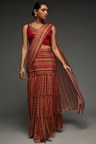 Multi-Colored Textured Chinon Shibori Printed Saree Set by Shreya J