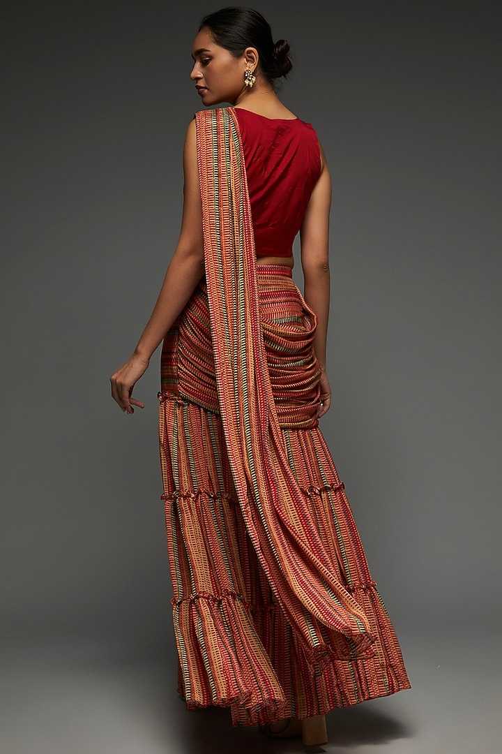 Multi-Colored Textured Chinon Shibori Printed Wedding Saree Set by Shreya J at Pernia's Pop Up Shop