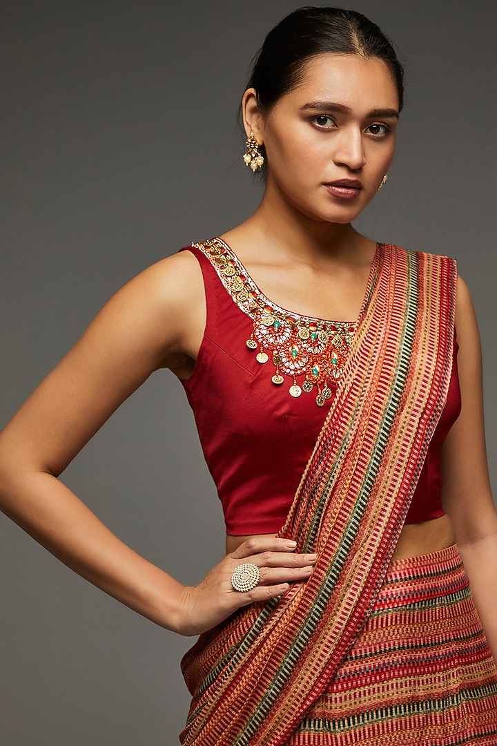 Multi-Colored Textured Chinon Shibori Printed Wedding Saree Set by Shreya J at Pernia's Pop Up Shop