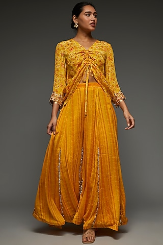 Yellow Crepe Embellished & Printed Co-Ord Set by Shreya J