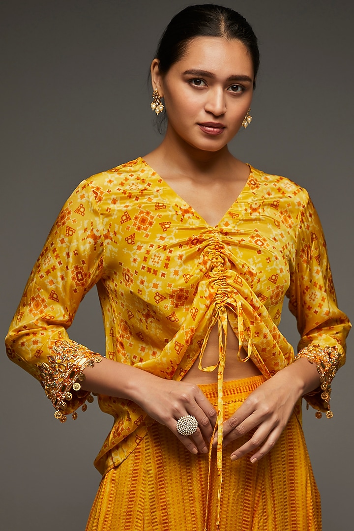 Yellow Crepe Embellished & Printed Co-Ord Set by Shreya J at Pernia's Pop Up Shop