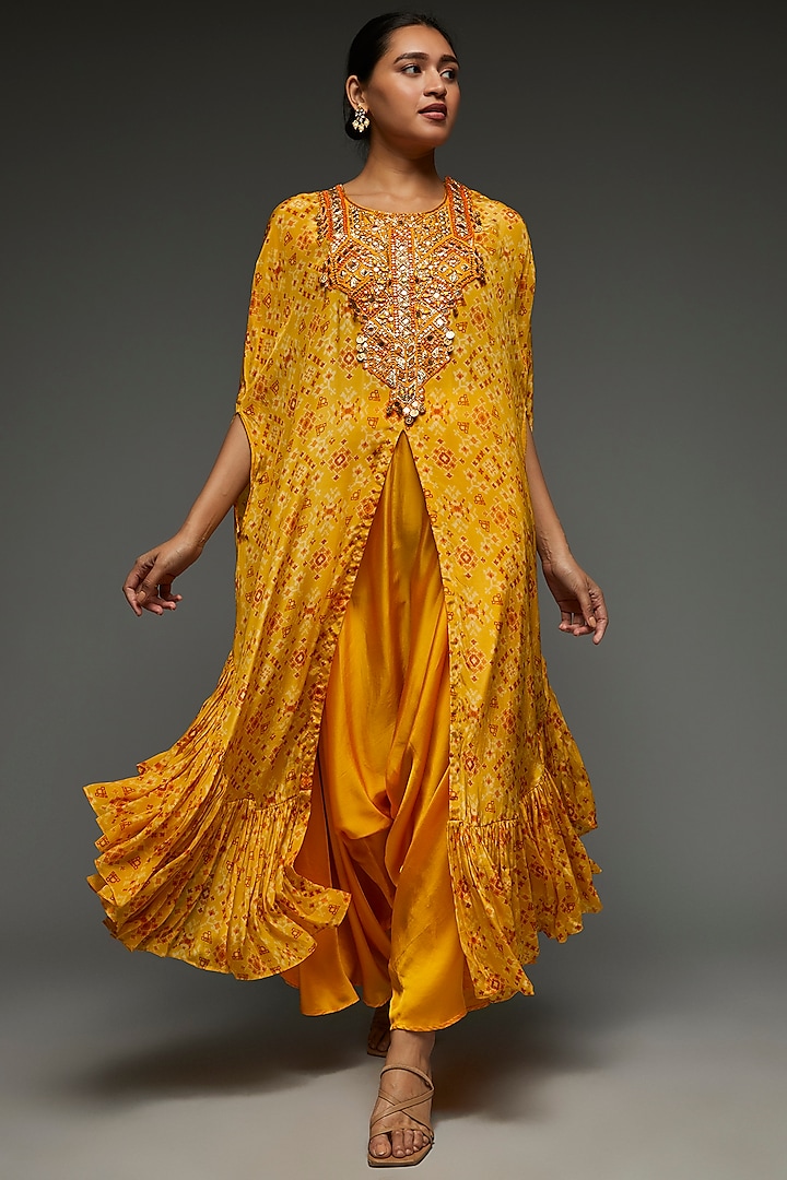 Yellow Crepe Embellished Printed Kaftan Set by Shreya J