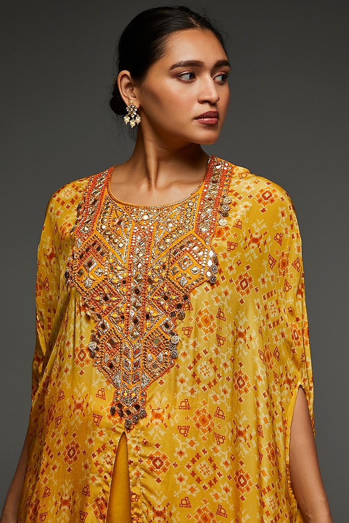 Yellow Crepe Embellished Printed Kaftan Set by Shreya J at Pernia's Pop Up Shop