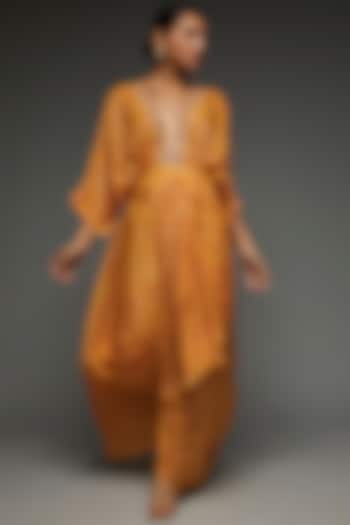 Orange Lurex Crepe Embellished Draped Dress by Shreya J