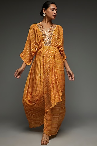 Orange Lurex Crepe Embellished Draped Dress by Shreya J