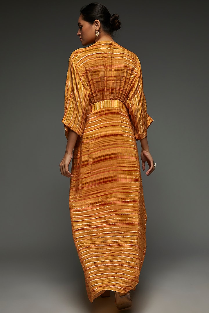 Orange Lurex Crepe Embellished Draped Vacation Dress by Shreya J at Pernia's Pop Up Shop