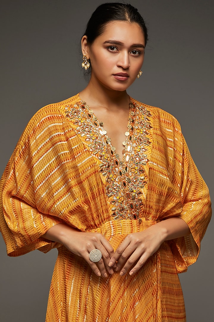 Orange Lurex Crepe Embellished Draped Vacation Dress by Shreya J at Pernia's Pop Up Shop