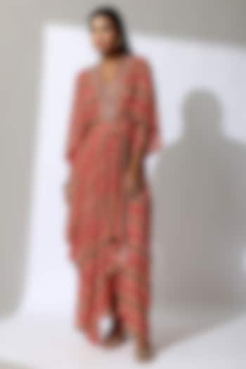 Red Lurex Crepe Printed Draped Dress by Shreya J at Pernia's Pop Up Shop