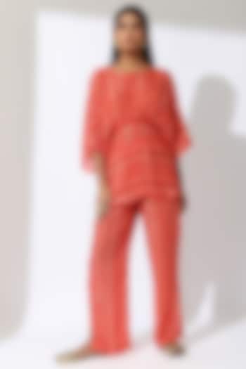 Burnt Orange Lurex Crepe Printed Co-Ord Set by Shreya J