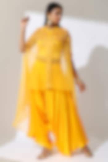Yellow Organza Embroidered Cape Set by Shreya J