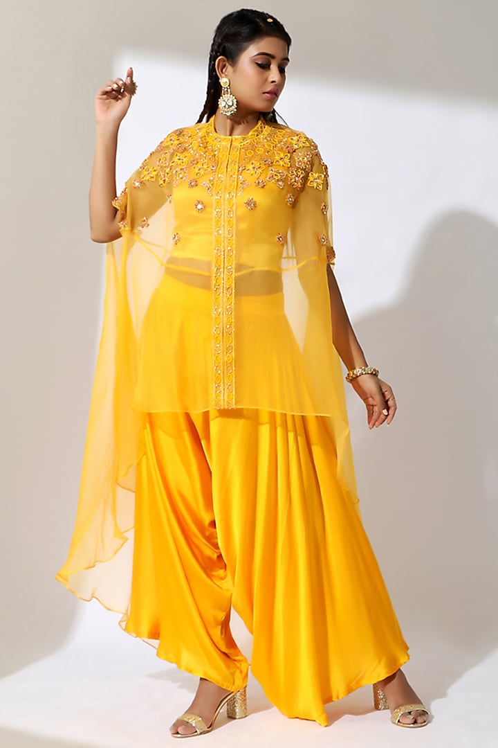 Yellow Organza Embroidered Cape Set by Shreya J