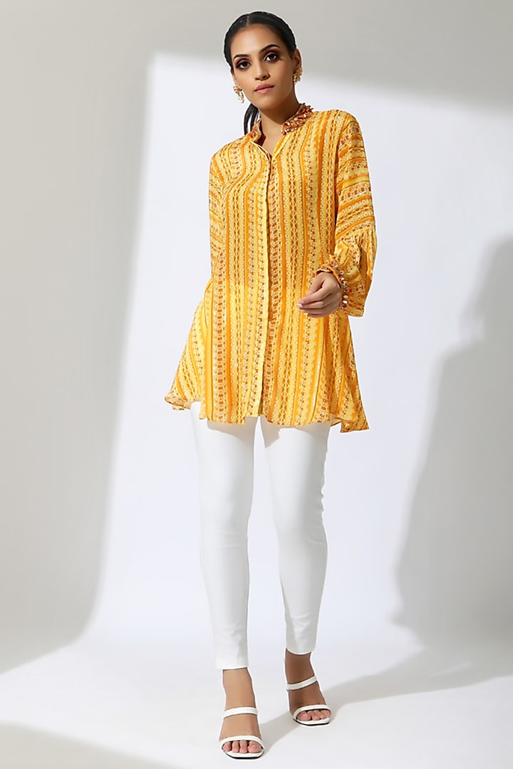 Yellow Lurex Crepe Printed Shirt by Shreya J
