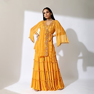 Yellow Crepe Printed Sharara Set by Shreya J