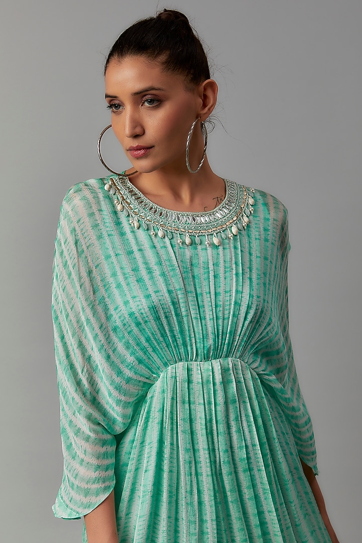 Turquoise Viscose Crepe Printed & Embroidered Kaftan by Shreya J at Pernia's Pop Up Shop