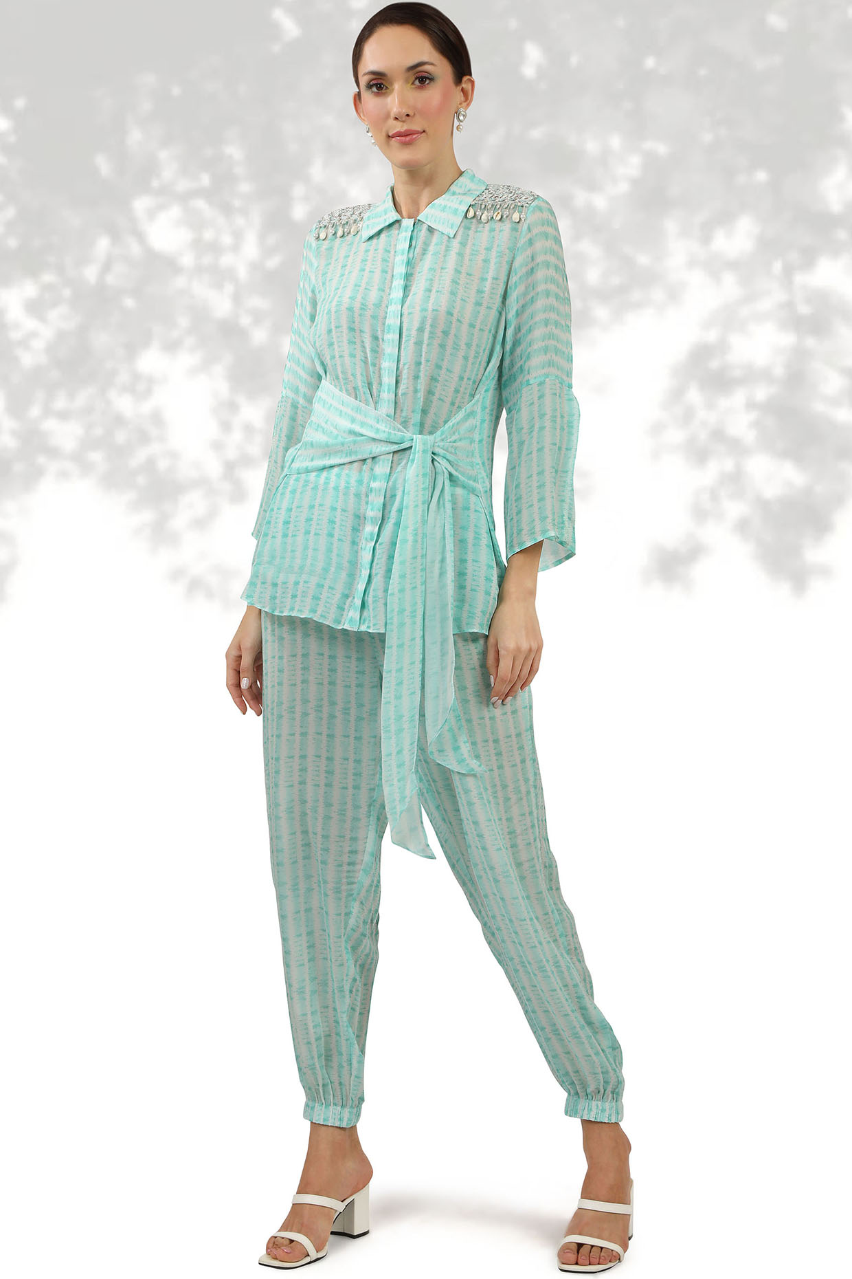 Turquoise Printed Jogger Pant Set by Shreya J at Pernia's Pop Up Shop