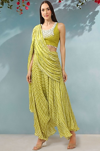 Green Textured Chinon Shibori Printed Ruched Pant Saree Set by Shreya J