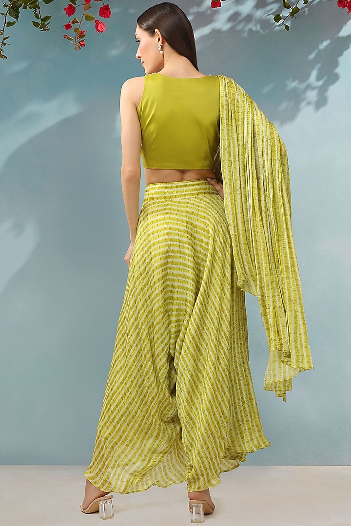 Green Textured Chinon Shibori Printed Ruched Pant Wedding Saree Set by Shreya J at Pernia's Pop Up Shop