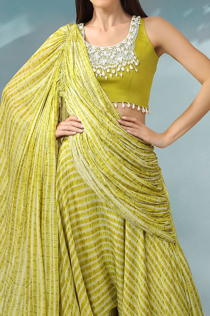 Green Textured Chinon Shibori Printed Ruched Pant Wedding Saree Set by Shreya J at Pernia's Pop Up Shop