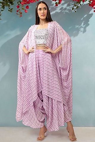 Lilac Crepe Shibori Printed Cape Set by Shreya J