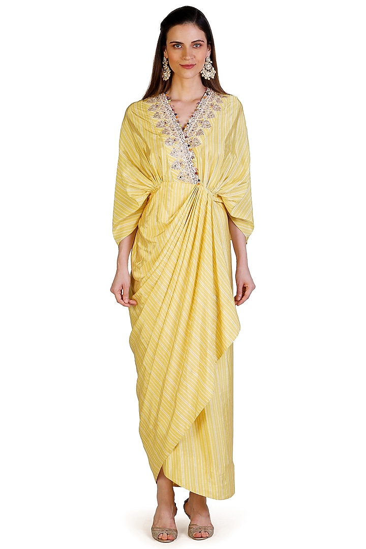 Canary Yellow Digital Printed Draped Dress by Shreya J at Pernia's Pop Up Shop