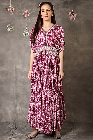 Wine Ikat Printed Ruched Jacket Set by Shreya J