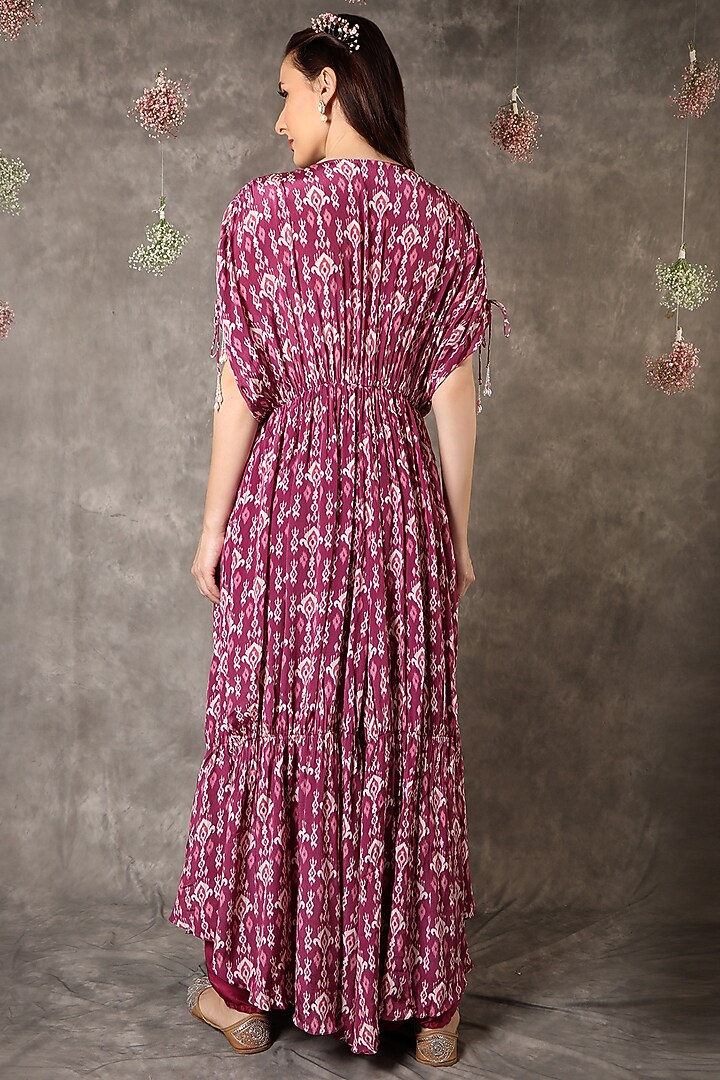 Wine Ikat Printed Ruched Jacket Set by Shreya J at Pernia's Pop Up Shop