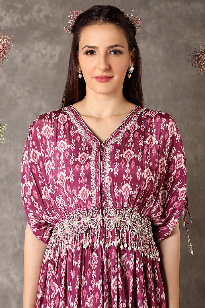 Wine Ikat Printed Ruched Jacket Set by Shreya J at Pernia's Pop Up Shop