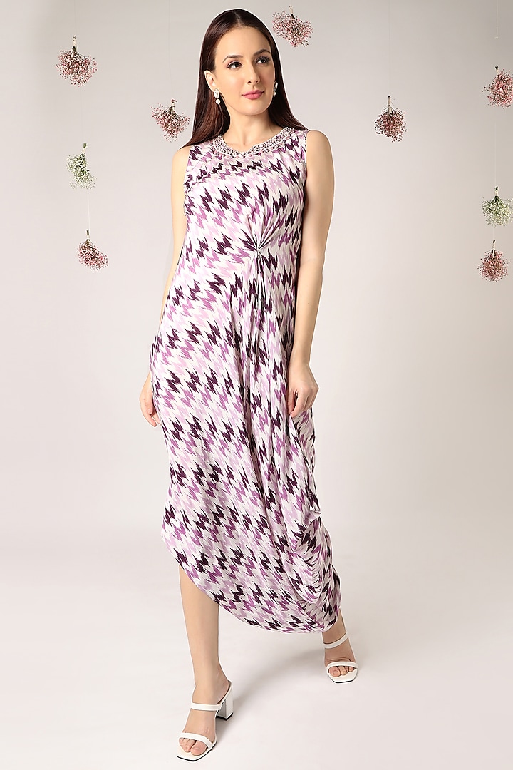 Lilac Printed Draped Dress by Shreya J at Pernia's Pop Up Shop