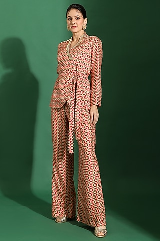 Beige Dupin Silk Geometric Printed & Stone Embellished Co-Ord Set by Shreya J
