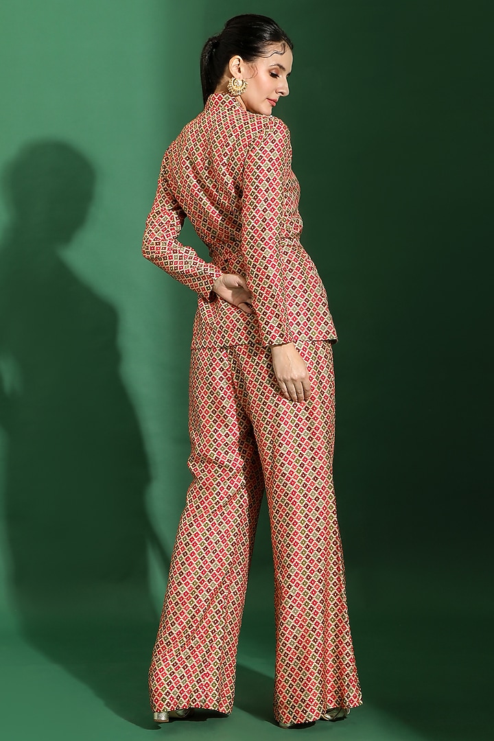 Beige Dupin Silk Geometric Printed & Stone Embellished Co-Ord Set by Shreya J at Pernia's Pop Up Shop