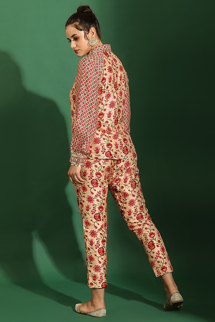 Beige Dupion Chintz Print & Embellished Co-Ord Set by Shreya J at Pernia's Pop Up Shop