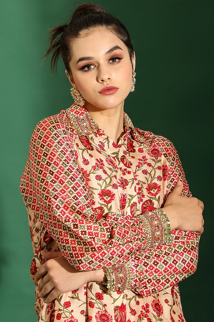 Beige Dupion Chintz Print & Embellished Co-Ord Set by Shreya J at Pernia's Pop Up Shop