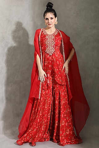 Red Chinon Printed Sharara Set by Shreya J