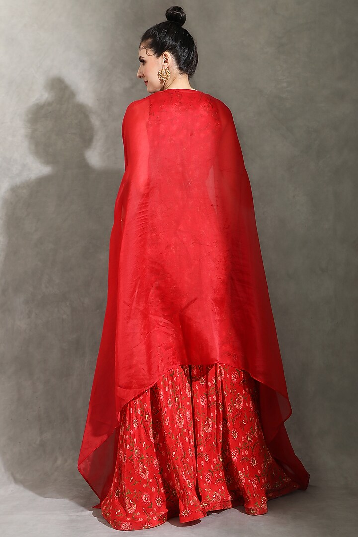 Red Chinon Printed Wedding Sharara Set by Shreya J at Pernia's Pop Up Shop