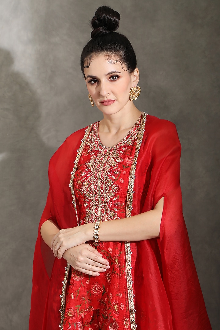 Red Chinon Printed Wedding Sharara Set by Shreya J at Pernia's Pop Up Shop