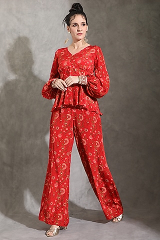 Red Natural Crepe Printed & Embellished Co-Ord Set by Shreya J
