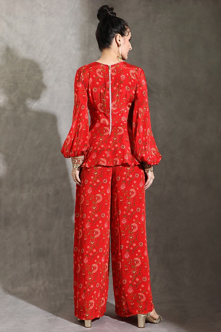 Red Natural Crepe Printed & Embellished Co-Ord Set by Shreya J at Pernia's Pop Up Shop