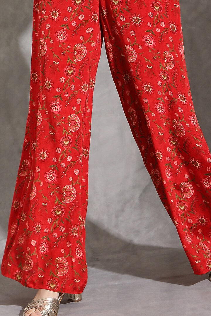 Red Natural Crepe Printed & Embellished Co-Ord Set by Shreya J at Pernia's Pop Up Shop