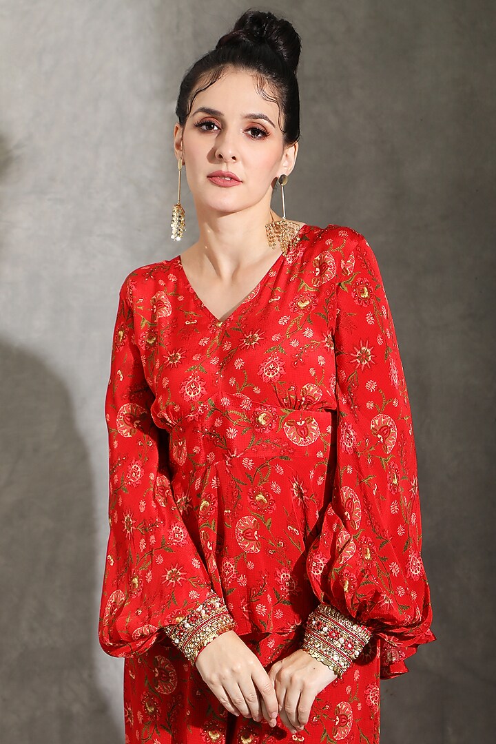Red Natural Crepe Printed & Embellished Co-Ord Set by Shreya J at Pernia's Pop Up Shop