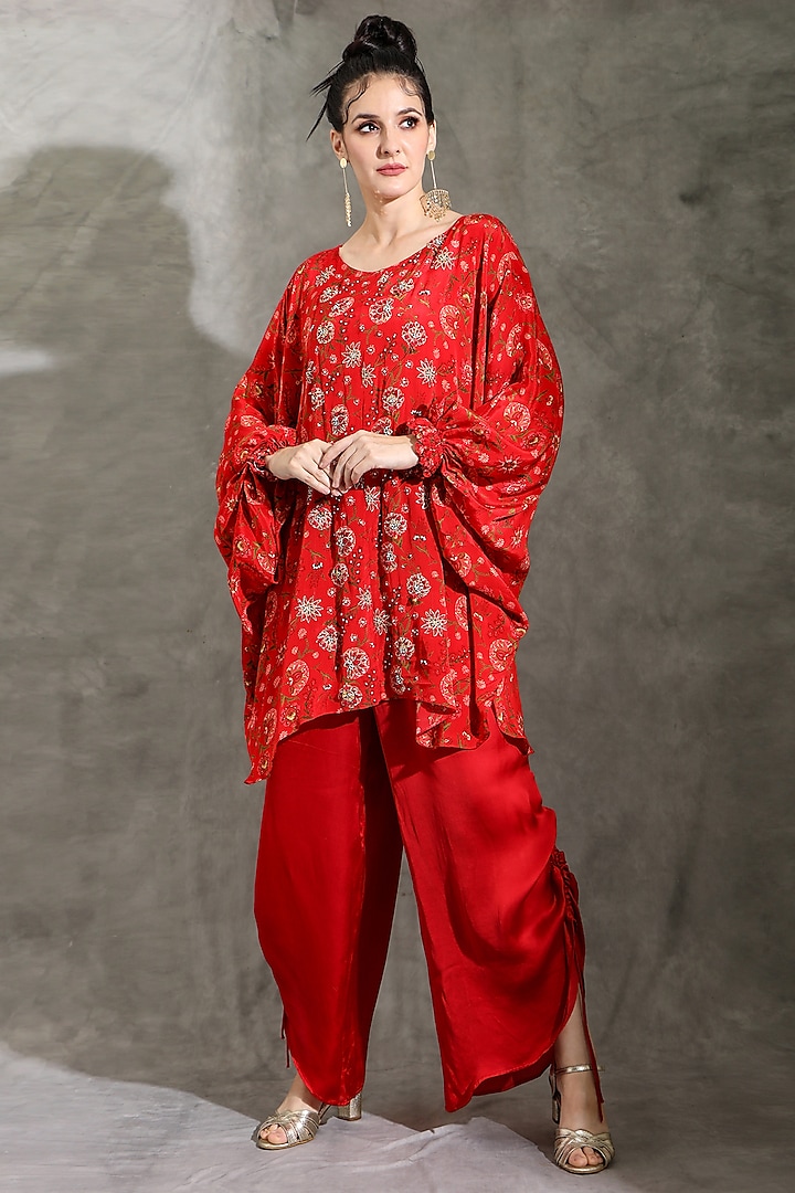 Red Natural Crepe Printed & Embellished Kaftan Set by Shreya J