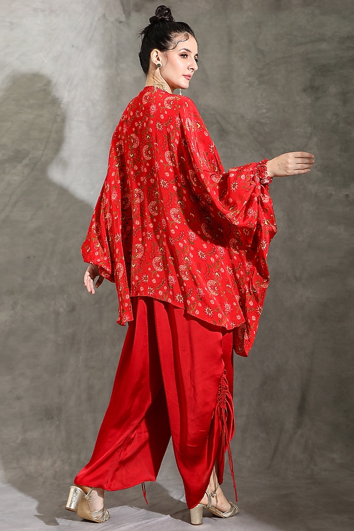 Red Natural Crepe Printed & Embellished Kaftan Set by Shreya J at Pernia's Pop Up Shop