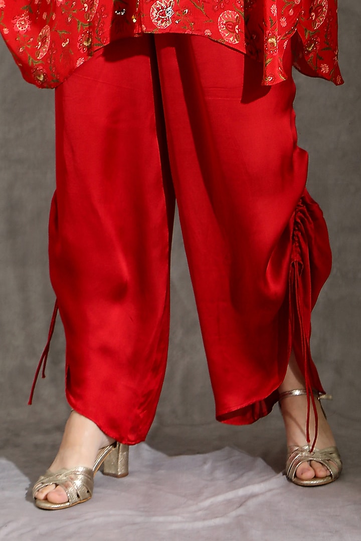 Red Natural Crepe Printed & Embellished Kaftan Set by Shreya J at Pernia's Pop Up Shop